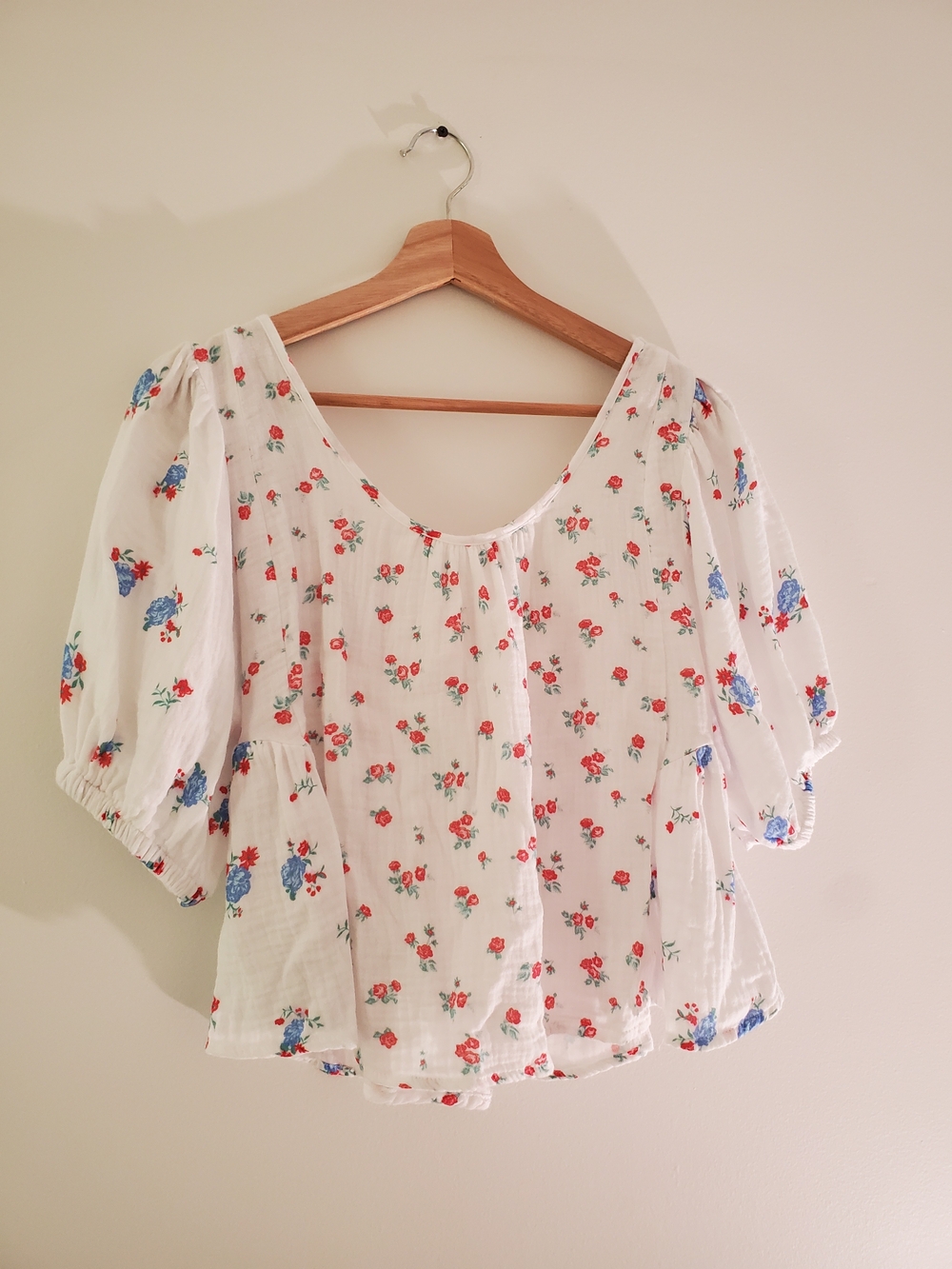 White Blouse with Red and Blue Floral Print